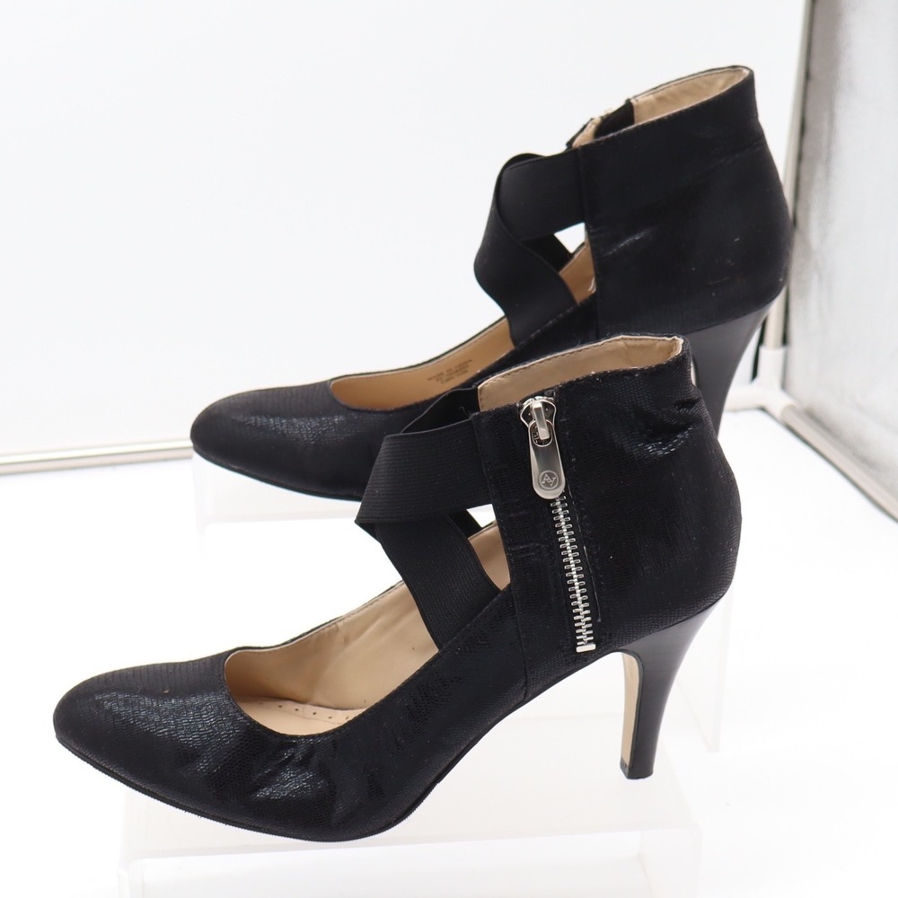 Adrienne Vittadini Pumps Womens 9 Tigress Black Snakeskin Embossed Zip Excellent